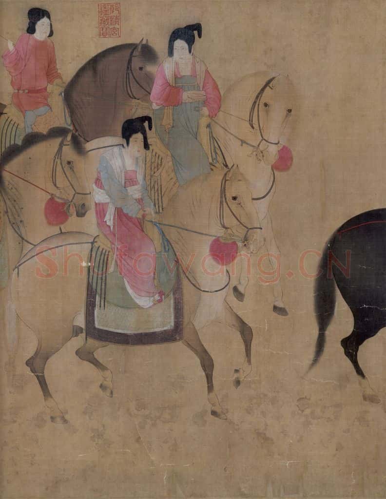 宋代 赵佶(传)《摹张萱虢国夫人游春图》书画作品