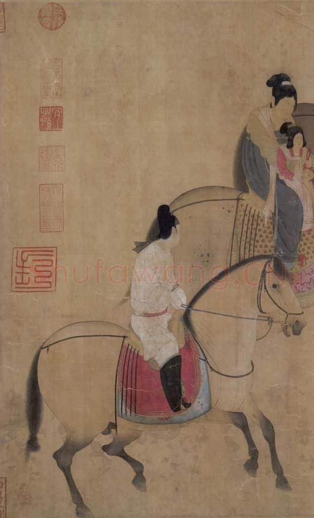 宋代 赵佶(传)《摹张萱虢国夫人游春图》书画作品