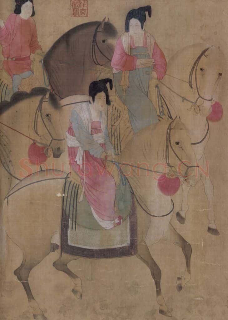 宋代 赵佶(传)《摹张萱虢国夫人游春图》书画作品
