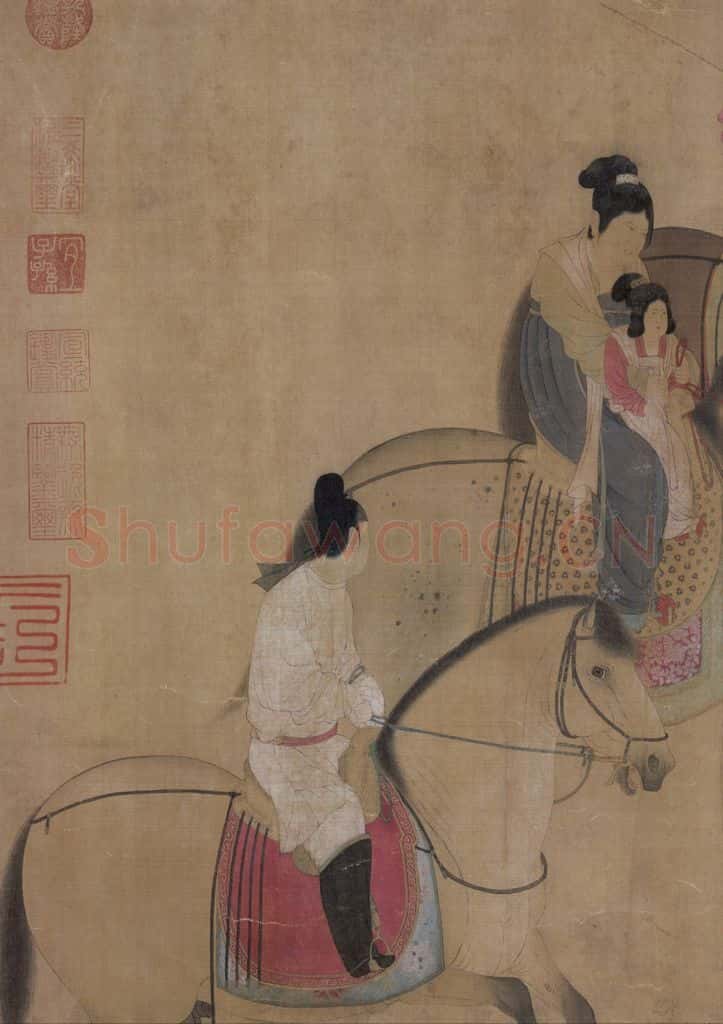 宋代 赵佶(传)《摹张萱虢国夫人游春图》书画作品