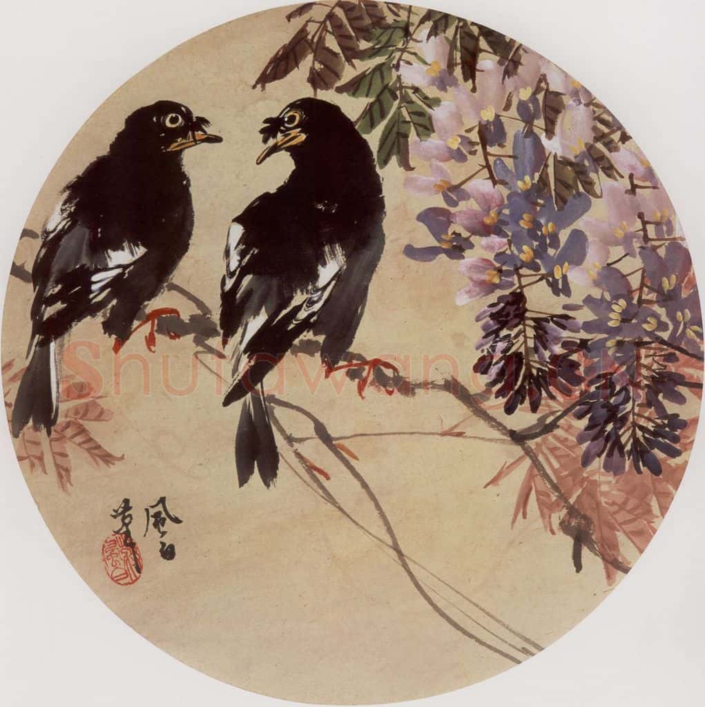 70年代 蒋凤白《紫藤八哥》书画作品