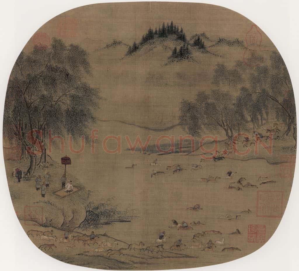 宋代 陈居中《柳塘牧马图》书画作品