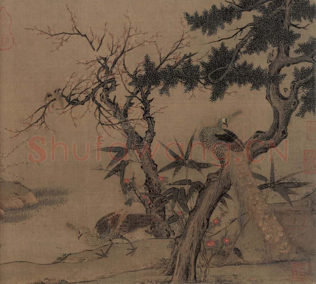 宋朝 佚名《红梅孔雀图》书画作品