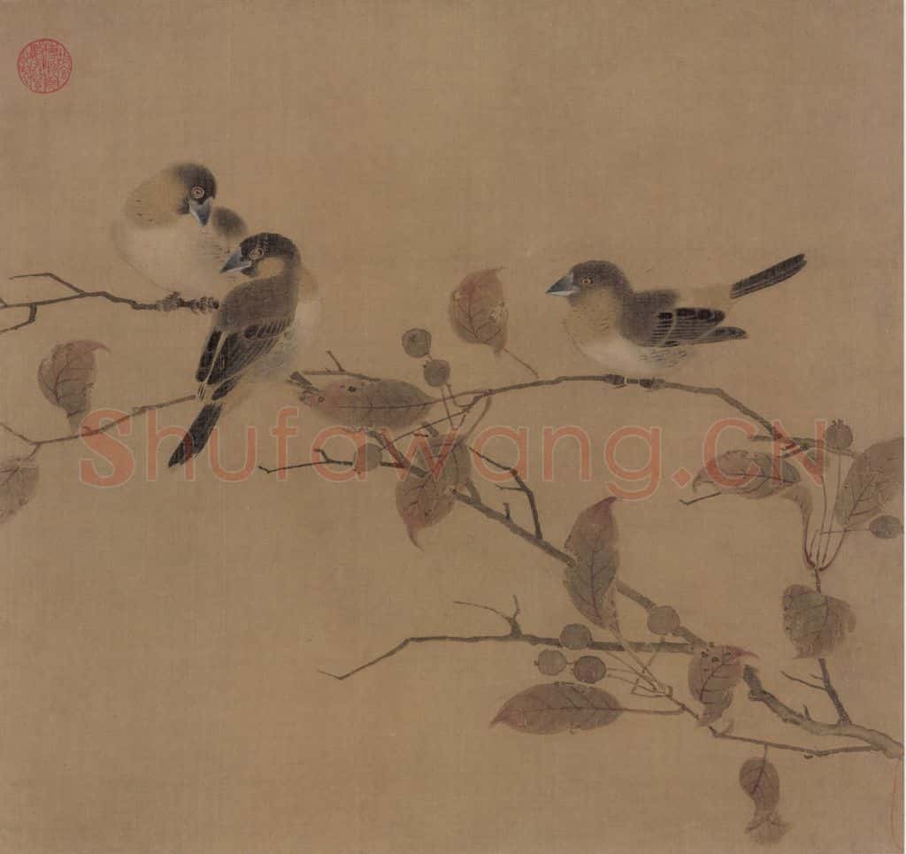 宋朝 佚名《霜桕山鸟图》书画作品