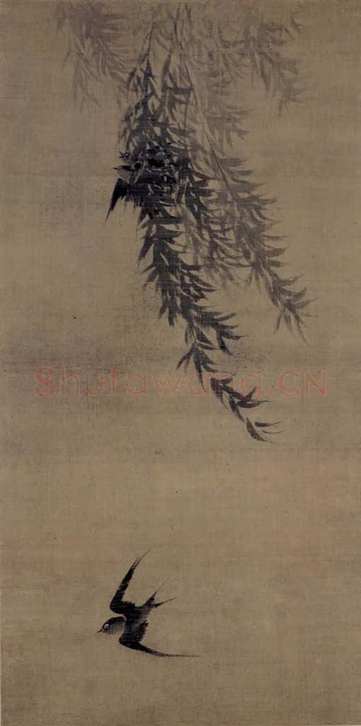 宋 牧溪《柳燕图》书画作品
