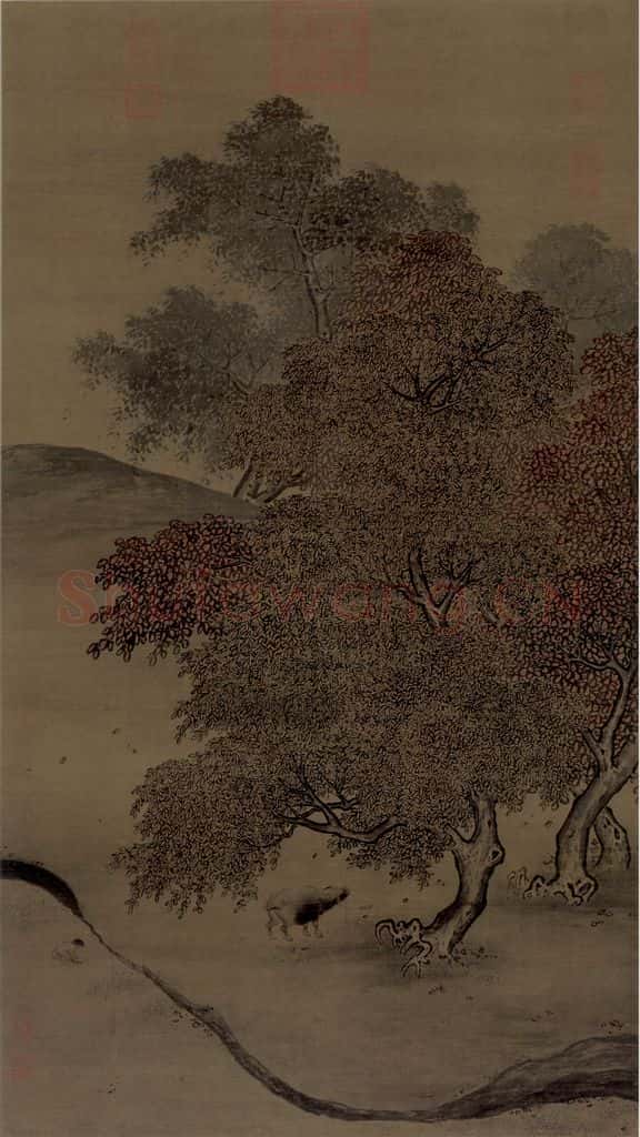 宋 佚名《秋林放犊图》书画作品