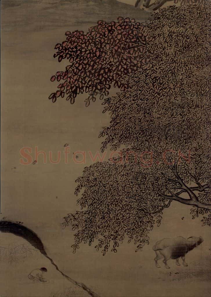 宋 佚名《秋林放犊图》书画作品