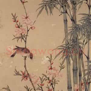 清代 杨大章《桃竹双雀图》国画花鸟工笔作品图片鉴赏