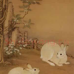 清代 冷枚《梧桐双兔图》国画花鸟工笔作品图片鉴赏