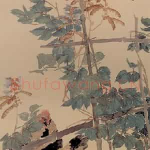 清代 任颐《豆架双鸡图》国画花鸟作品图片鉴赏