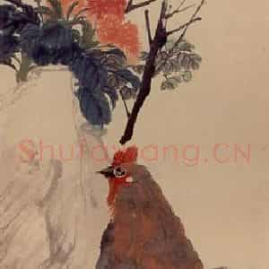 清代 任颐《雄鸡花石图》国画花鸟作品图片鉴赏