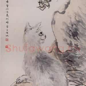 清代 任颐《月季猫石图》国画花鸟作品图片鉴赏