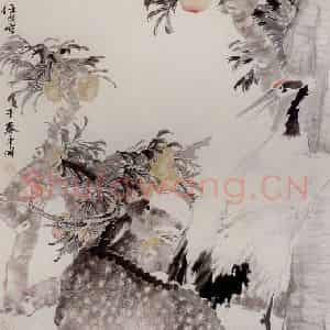 清代 任颐《绥山鹤鹿图》国画花鸟作品图片鉴赏