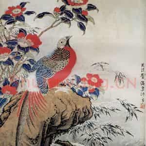 1972年 刘海粟《山茶锦鸡》国画花鸟作品图片鉴赏