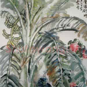 1982年 刘海粟《设色香蕉月季》国画花鸟作品图片鉴赏