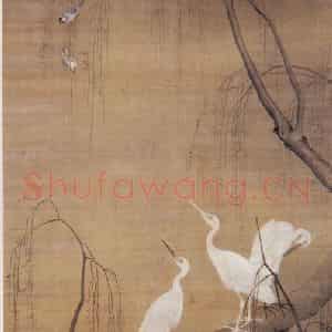 明代 吕纪《柳荫白鹭图》国画花鸟作品图片鉴赏
