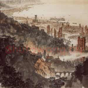 70年代 宋文治《扬子江畔》国画山水写意作品图片鉴赏