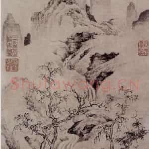 明代 唐寅《秋林独步图》国画山水作品图片鉴赏