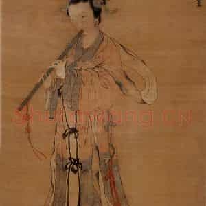 明代 唐寅《吹箫仕女图》国画人物作品图片鉴赏
