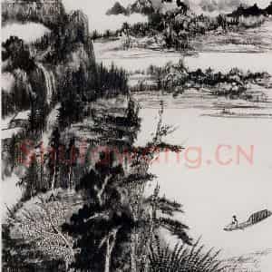 张大千《扁舟》国画山水作品图片鉴赏