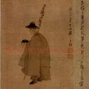 1639年 陈洪绶《摹李公麟乞士图轴》国画人物工笔作品图片鉴赏