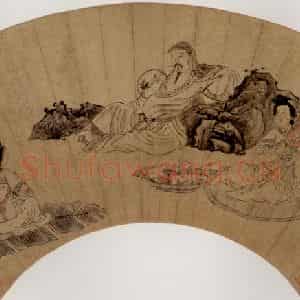 1647年 陈洪绶《倚石听阮图扇》国画人物工笔作品图片鉴赏
