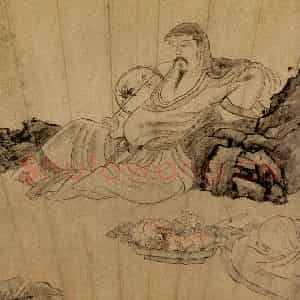 1647年 陈洪绶《倚石听阮图扇》国画人物工笔作品图片鉴赏