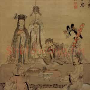 1649年 陈洪绶《饮酒祝寿图轴》国画人物工笔作品图片鉴赏