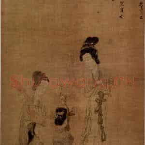 1649年 陈洪绶《抚乐仕女图轴》国画人物工笔作品图片鉴赏