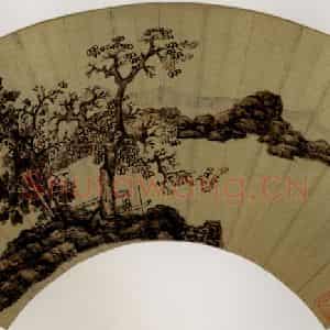 1650年 陈洪绶《秋林晚泊图扇》国画山水工笔作品图片鉴赏
