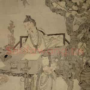 1650年 陈洪绶《李白宴桃李园图轴》国画人物工笔作品图片鉴赏