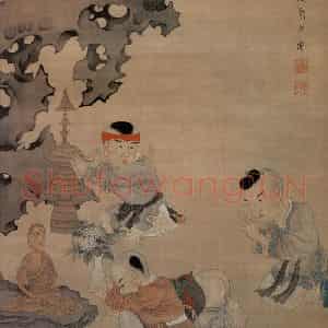 1650年 陈洪绶《婴戏图轴》国画人物工笔作品图片鉴赏