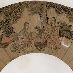 1663年 陈洪绶《松下对饮图扇》国画人物工笔作品图片鉴赏