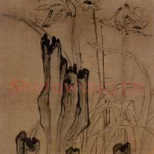 1628年 陈洪绶《水仙湖石图轴》国画花鸟写意作品图片鉴赏