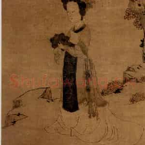 1636年 陈洪绶《对镜仕女图轴》国画人物工笔作品图片鉴赏