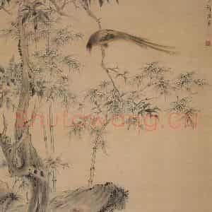 清代 华岩《桂树绶带图轴》国画花鸟写意作品图片鉴赏