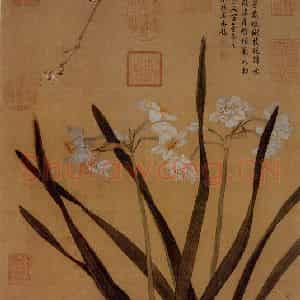 仇英《水仙腊梅图》国画花鸟作品图片鉴赏