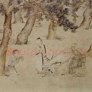 仇英《赵孟頫写经换茶图》国画综合作品图片鉴赏