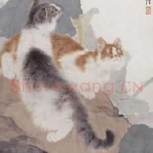 1947年 刘奎龄《荷塘双猫图》国画花鸟工笔作品图片鉴赏
