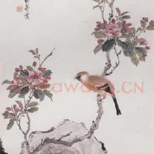 1960年 李鹤筹《海棠小鸟》国画花鸟写意作品图片鉴赏