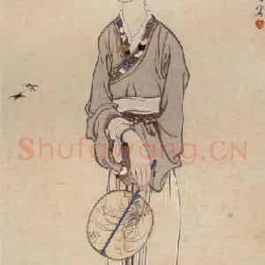 1942年 徐悲鸿《落花人独立词意》国画人物写意作品图片鉴赏