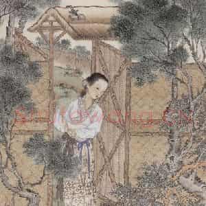 徐燕荪《柴门仕女》国画人物工笔作品图片鉴赏