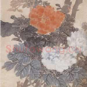 1879年 任伯年《牡丹鹁鸽图》国画花鸟画作品图片鉴赏