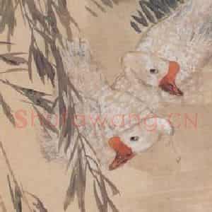 1890年 任伯年《柳塘戏鹅》国画花鸟画作品图片鉴赏