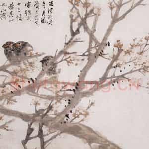1886年 任伯年《雪雀寒梅图》国画花鸟画作品图片鉴赏