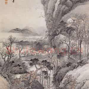 1907年 吴石仙《柴门扫叶》国画山水画作品图片鉴赏