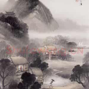 1909年 吴石仙《烟雨归村》国画山水画作品图片鉴赏