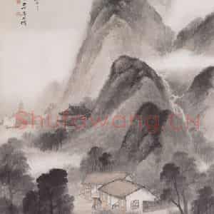 1910年 吴石仙《溪桥烟雨》国画山水画作品图片鉴赏