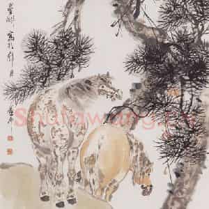 1918年 倪田《双松嘶马图》国画综合作品图片鉴赏