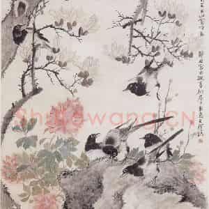 1874年 王礼《花卉鹊雀图》国画花鸟画作品图片鉴赏